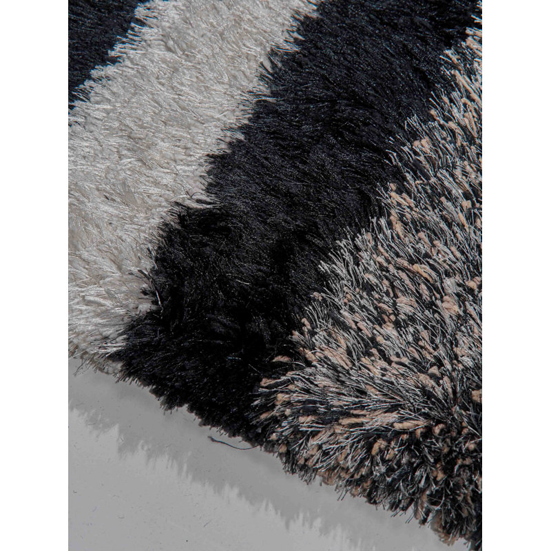 Hand Tufted Shag Polyester Eco-Friendly Area Rugs - Rectangle, Black Beige Color, Geometric Modern Design, High Pile Thick Handmade Anti Skid Area Rugs for Living Room, Bed Room