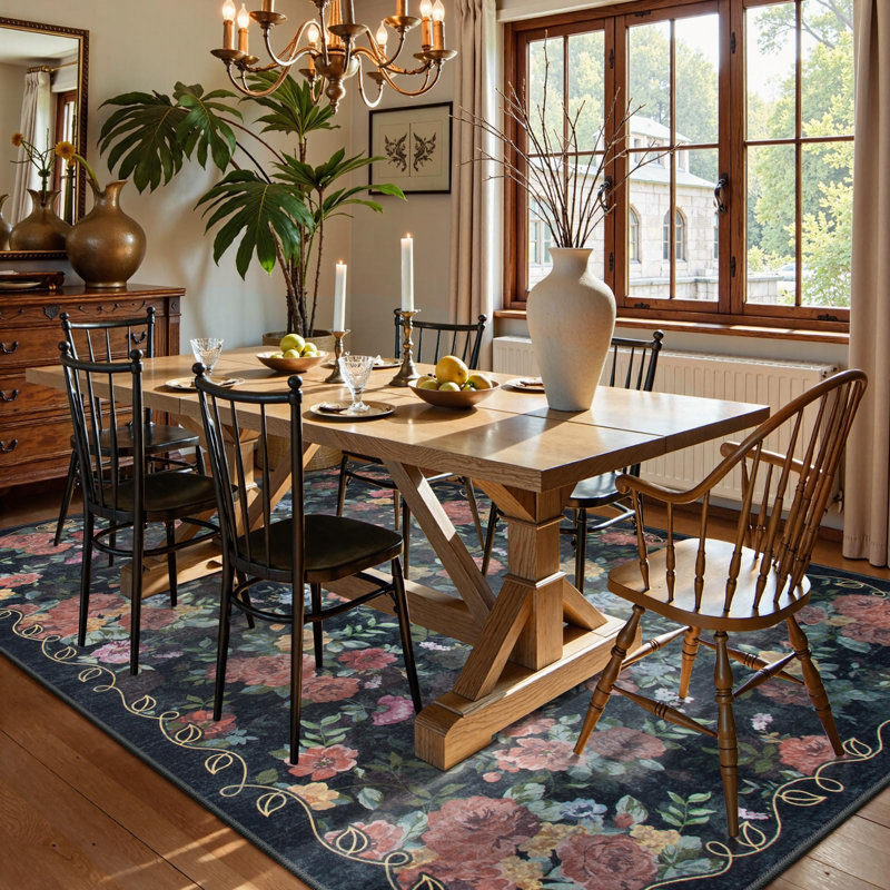 Kaldi Floral Washable Vintage Soft Non Slp Area Rugs for Living Room Bedroom Dining Room Low Pile Thin Boho Carpet, Black