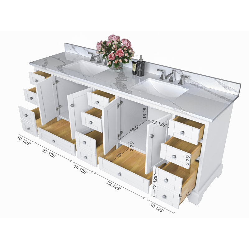 Audrey 84'' Free Standing Double Bathroom Vanity with Calacatta Quartz Top, White, Brushed Nickel