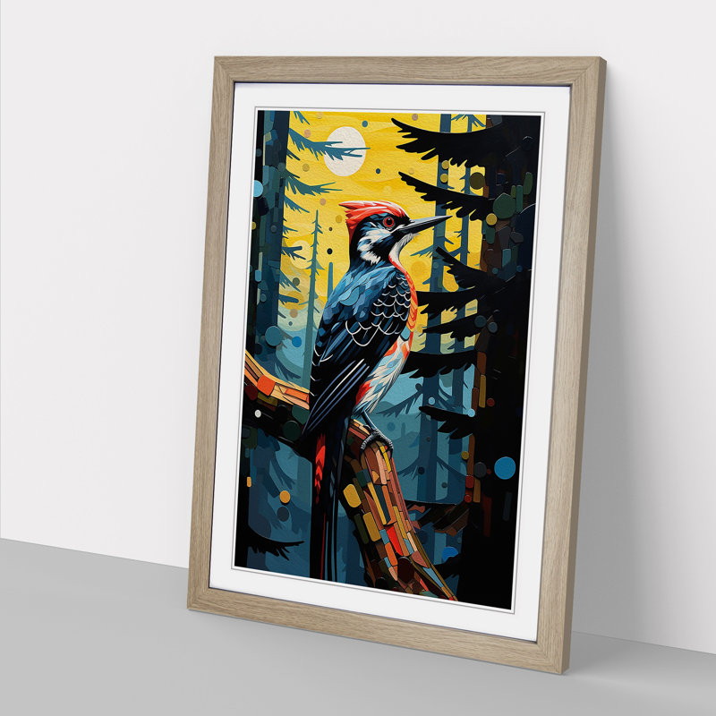 Woodpecker Futurism - Single Picture Frame Print on Wood, 64cm H x 46cm W x 2cm D, Oak