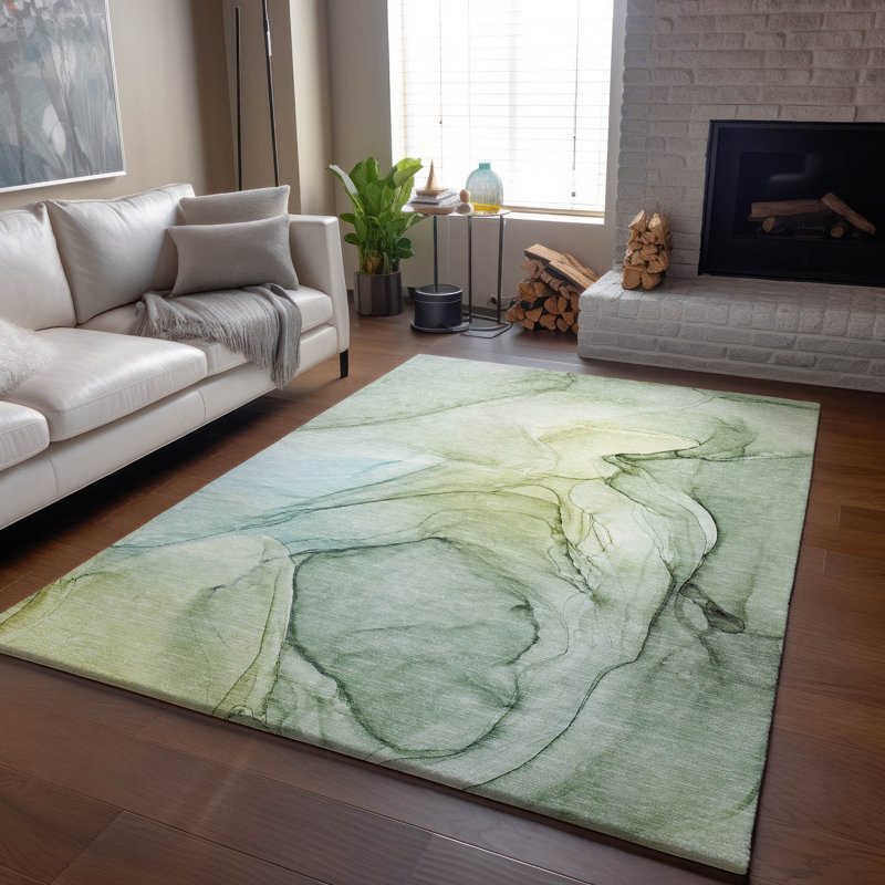 Premium Machine Washable Cerrito AMF502 Green Rug, Rectangle 5' x 7'6"