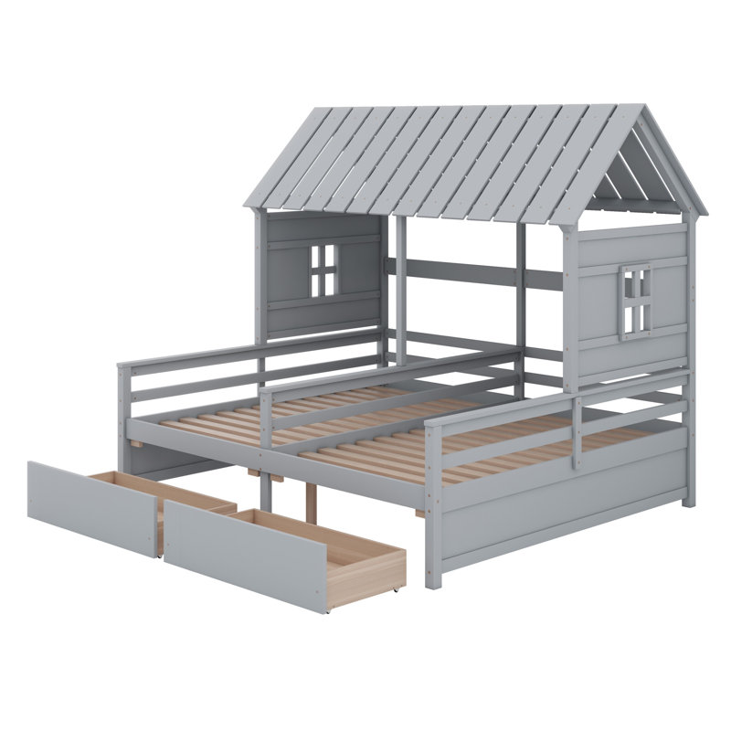 Lit plateforme House avec deux tiroirs, combinaison de 2 lits côte à côte, Gris