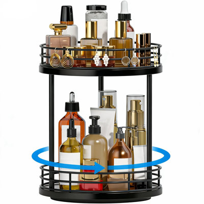Organisateur de comptoir rotatif, rangement de maquillage en bois, plateau tournant multifonctionnel Lazy Susan pour soins de la peau, parfums et cosmétiques, 2 niveaux, (noir)