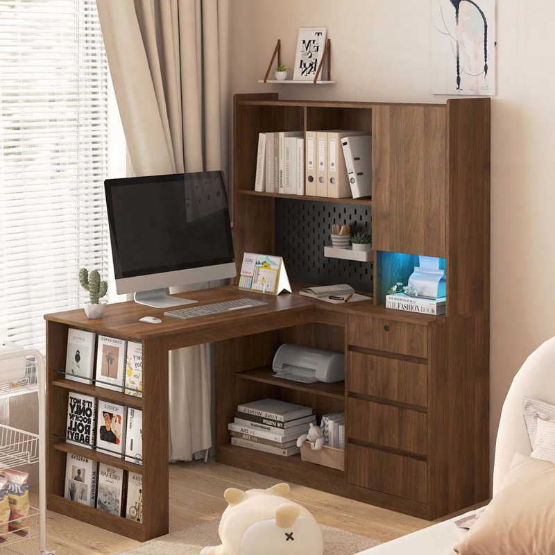 Bureau en L avec chargeur, bureau d'ordinateur avec tiroirs, bibliothèque, avec lumière DEL
