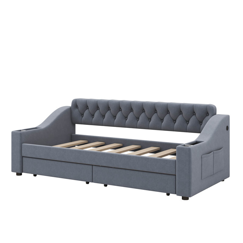 Jashan Twin Size Upholstered Daybed with Storage Armrests and USB Port, Grey
