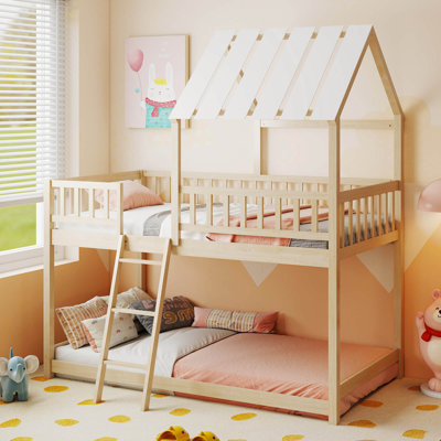 Lit superposé simple au dessus d'un lit simple avec toit, échelle et garde-corps pleine longueur pour enfants Naturel
