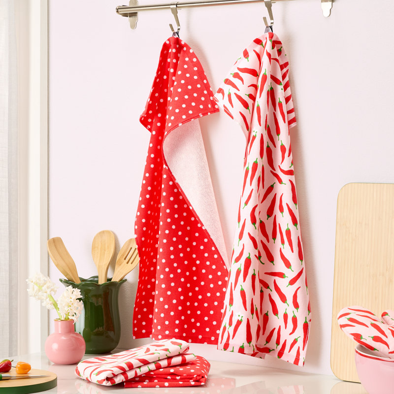KATE SPADE NEW YORK Hot Hot Hot Peppers And Spring Time Dot Kitchen Towel Set, 17"x28", Red