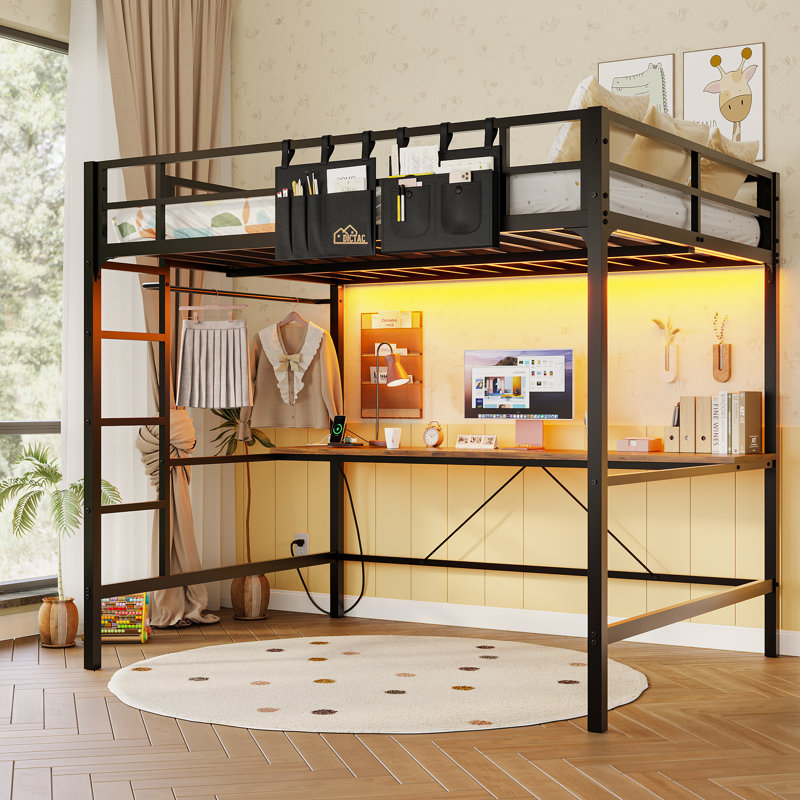 Full Size Loft Bed With Desk And Led Light, Metal Full Size Loft Bed With Power Outlet, Full Size Bed Frame With Upper Bunk, Safety Guard And Ladder, Space Saver,