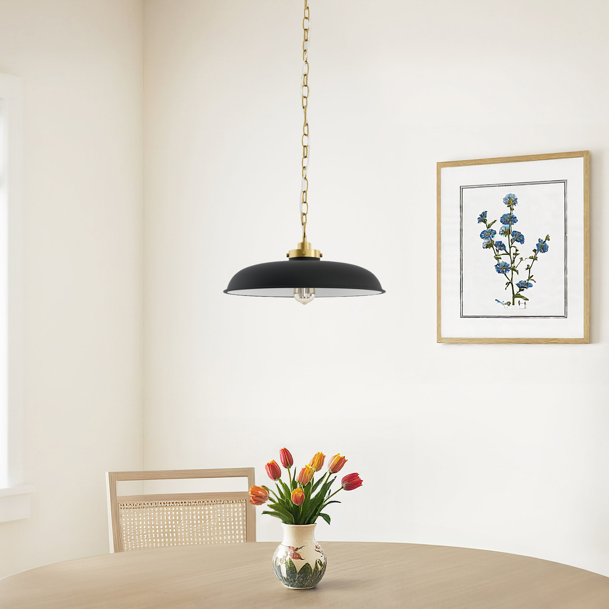 Tateos Single Light Steel Dimmable Pendant, Burnished Brass, Midnight Black