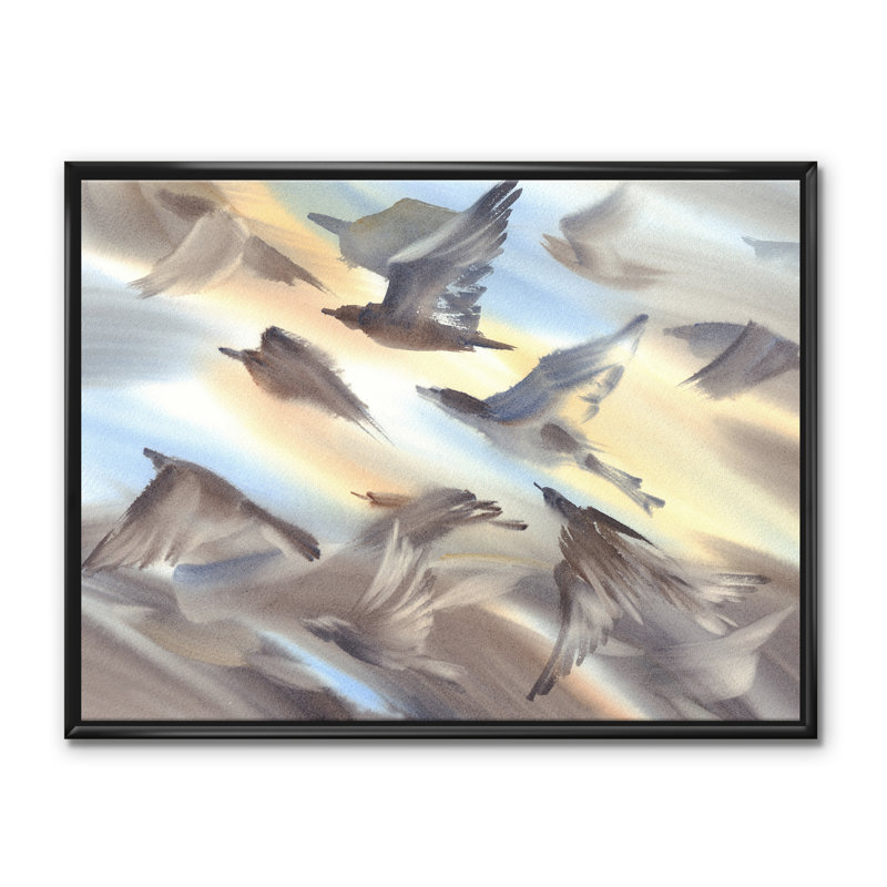 Vol d'oiseaux volant sur fond pastel, H 30 po x l 40 po x 1,5 po, Toile avec cadre noir