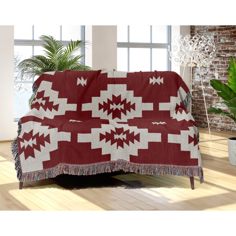 Jeté en mélange de coton Hinto South Western, Rouge/blanc cassé, L 70 po x l 50 po