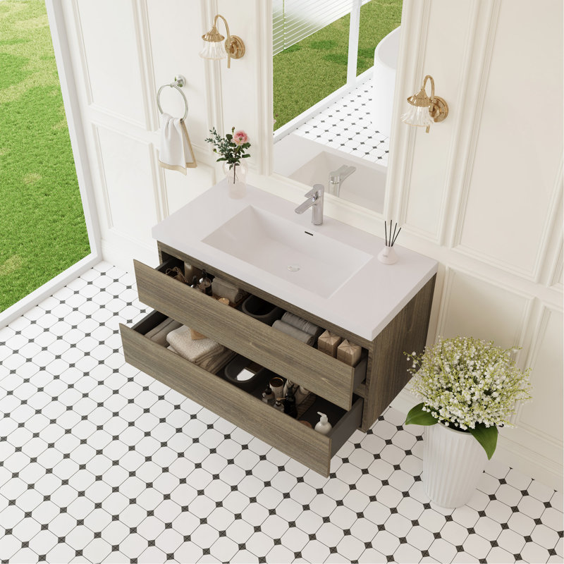 Meuble-lavabo mural 42 po avec lavabo, meuble-lavabo mural avec lavabo à surface solide et tiroirs à fermeture en douceur entièrement assemblés, gris cendré
