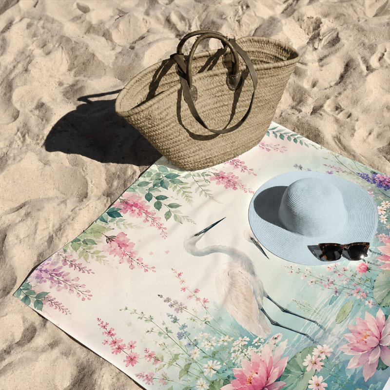 1PCS Elegant Heron and Lotus Beach Towel for Outdoor Activities, Showcasing Serene Water Bird Blooming Floral Scene