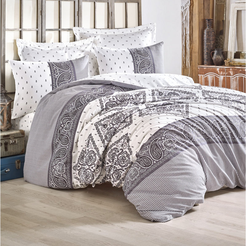 Cotton Damask Duvet Cover, Full Duvet Cover + 2 Standard Pillowcases