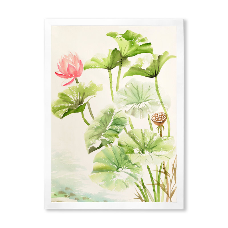 " Vintage Pink Lotuses in the Pond IV " Watercolor Painting, 20" H x 12" W x 1.5" D, White Framed Canvas