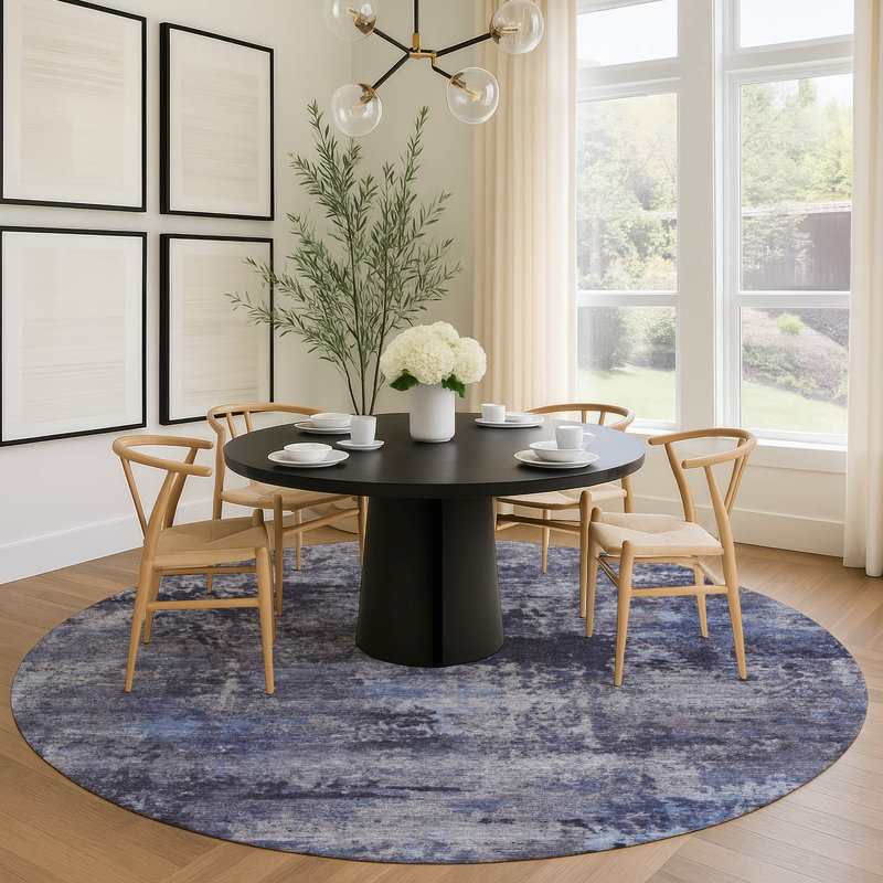 Tapis abstrait lavable à la machine de qualité supérieure Mayfield AMF2370, Bleu, Rond 8 pi