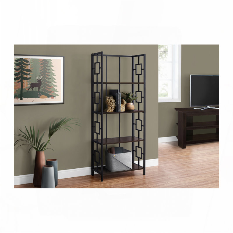 Bibliothèque, bibliothèque, étagère, 4 niveaux, h 62 po, bureau, chambre à coucher, stratifié brun, métal noir, contemporain, moderne