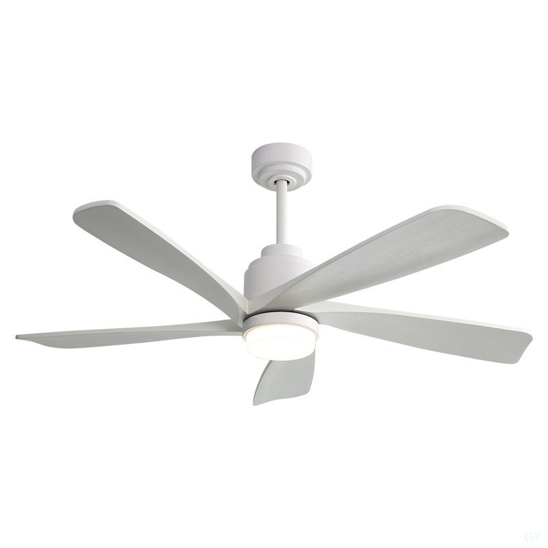 Ventilateur de plafond moderne 52 pouces avec lumière à DEL à intensité variable et 5 pales en bois massif avec télécommande et moteur à courant continu réversible
