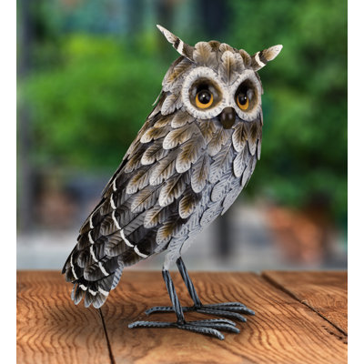 Grey Horned Owl Metal Garden Statue with Intricate Feather Detail and Weather Resistant Hand Painted Multi Coloured Finish
