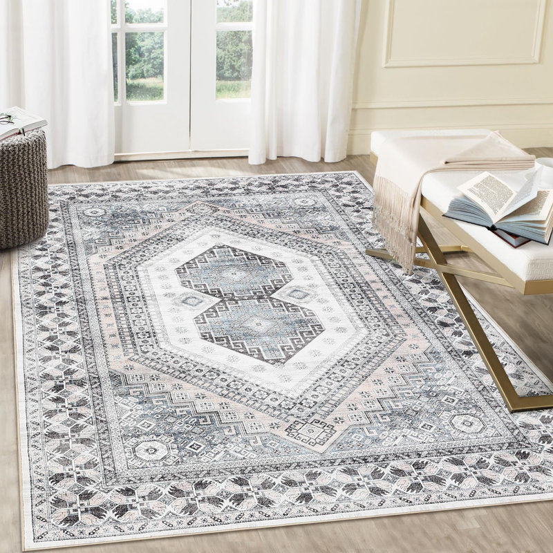 Machine Washable Rug Low Pile Rug Bohemian Tribal Bedroom Rug Stain Resistant Ultra-Thin Non-Slip Distressed Carpet for Living Room