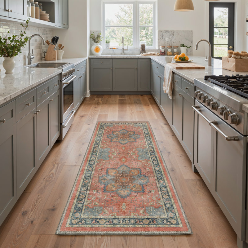 Roehit Oriental Performance Rust / Navy 2' x 7' Runner Rug, Machine Washable, Runner 2' x 7'