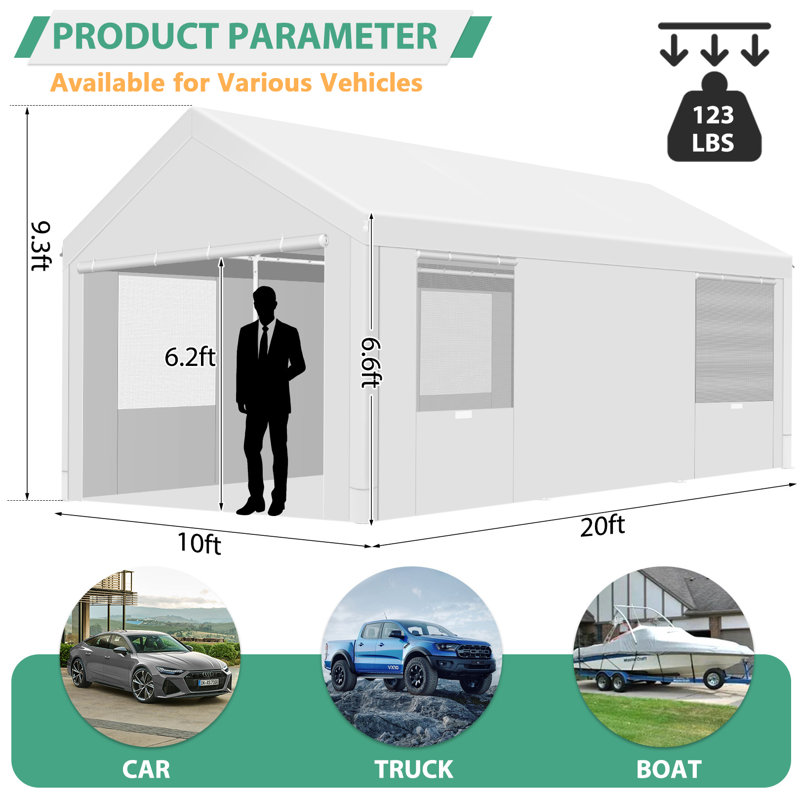 10'Wx20'D Heavy Duty Portable Garage, Upgraded Carport with Built-in Sandbags, White