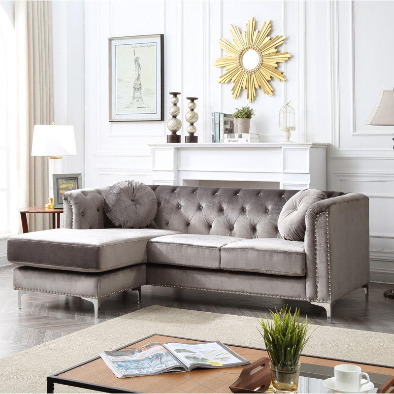 Pompano Mid Century Velvet Reversible Sectional, Gray