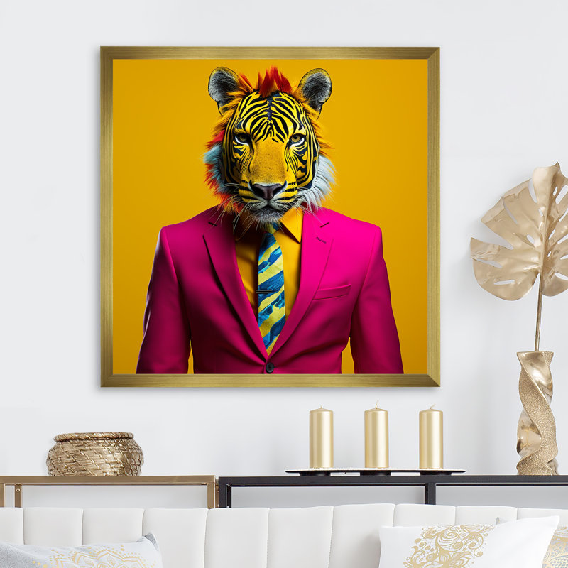 Rose avec tigre - art mural tigre, H 30 po x l 30 po x P 1,5 po, Cadre doré simple