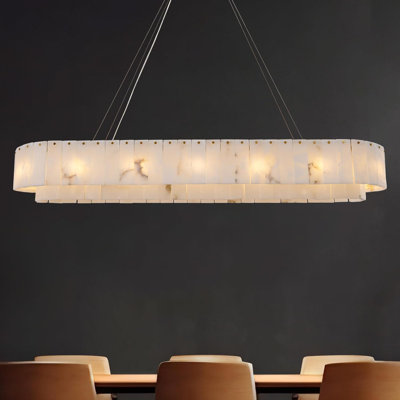 14-Lights Drum Rectangle Alabaster Chandelier for Living Dining Room Lighting Fixture