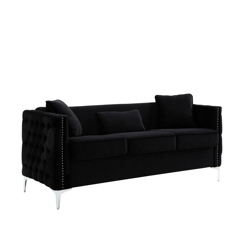 Velours noir, têtes de clous et boutons faits à la main, pieds, sièges rembourrés de mousse avec ressorts, 5 coussins inclus et ressorts ensachés