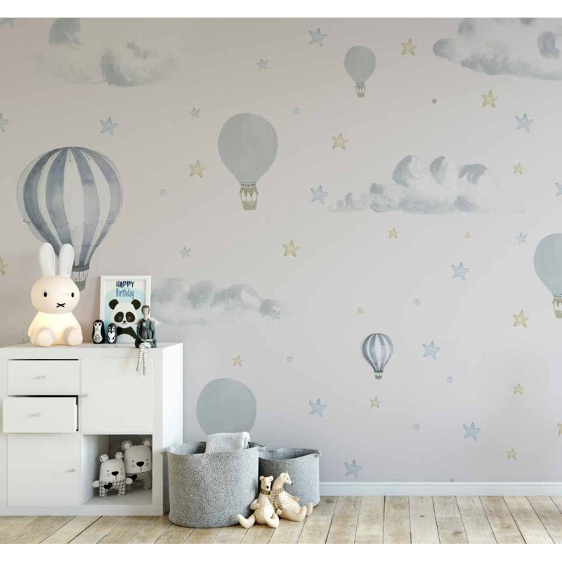 Papier peint amovible Ballons dans le ciel avec étoiles pour chambre d'enfant, L 49 po x l 75 po