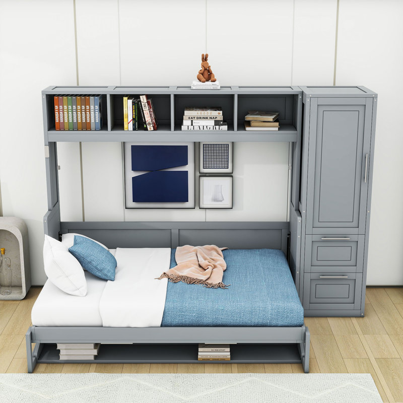 Lit escamotable en bois avec 2 tablettes et 2 tiroirs Tandie, Double, gris