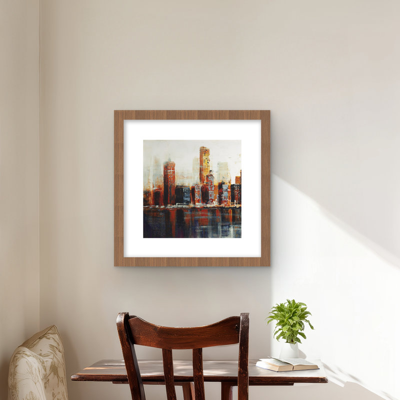 Abstrait paysage urbain rouge - impression encadrée mate, H 16 po x l 16 po, Brun