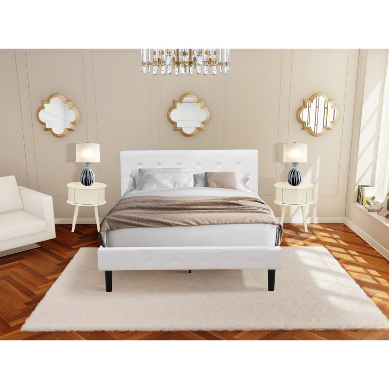 Ensemble de lit pour grand lit 3 pièces - Lit capitonné à boutons - Tête de lit tapissier en tissu de velours blanc lin et table de chevet au fini lin blanc