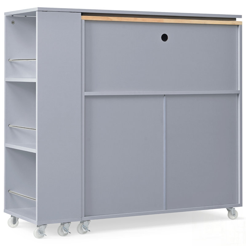 Rolling Kitchen Island with Extended Table, LED Lights, Power Outlets, and Fluted Glass Doors for Enhanced Functionality and Style