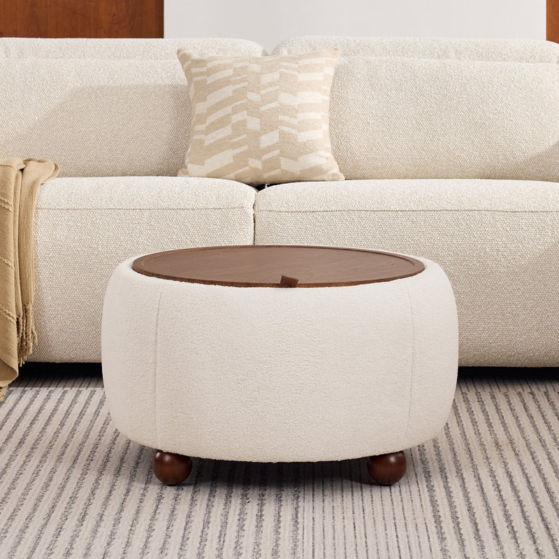 Round Storage Ottoman Upholstered Coffee Table With Removable Tray, Beige
