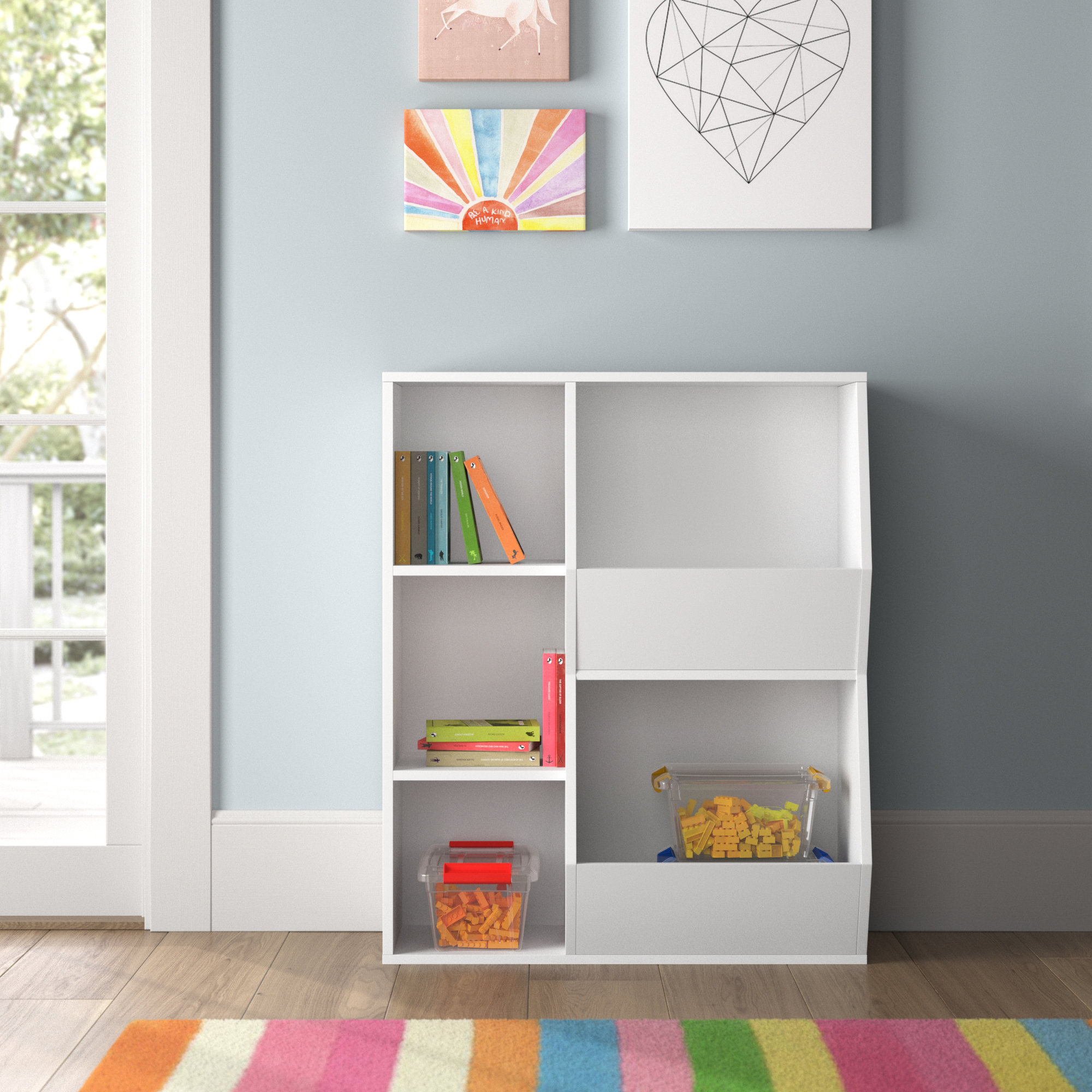 Utex Toy Storage Organizer with Bookcase, Kids Bin Storage Unit with 3 Opening Shelves,White Toys Box Organizer, Size: 8