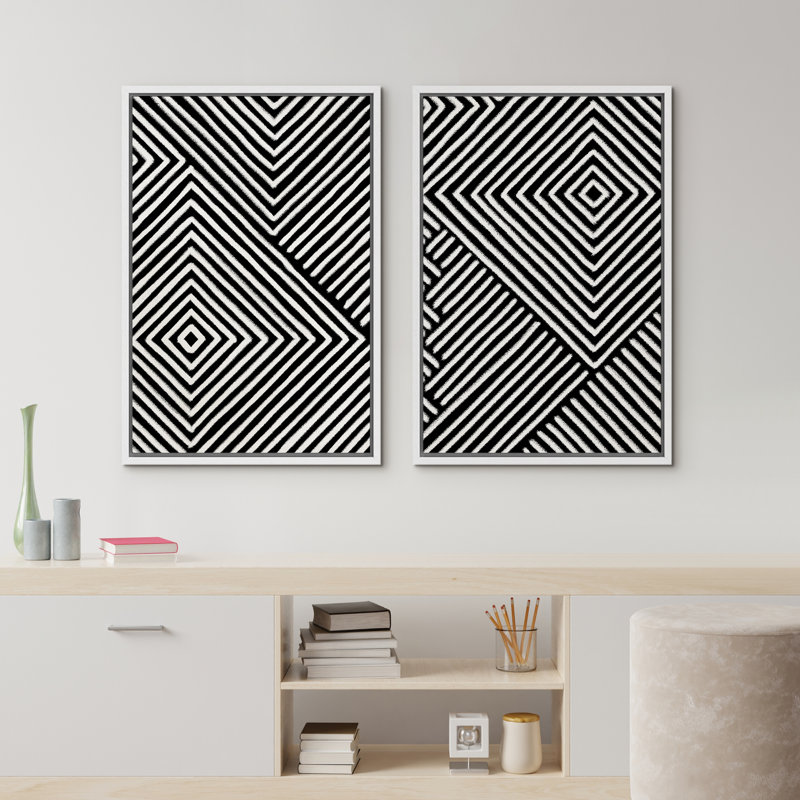 Black and White Geometric Abstract Canvas Print Set with White Frame