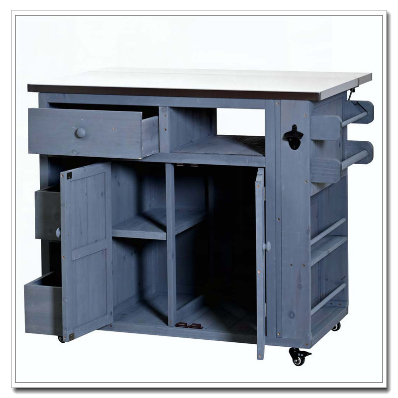 Outdoor Solid Wood Extendable 19.3''/28'' Kitchen Island, Stainless Steel Top Grill Table with Side Spice Rack, Gris