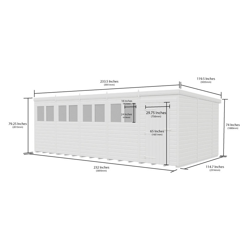 Total Sheds 20ft x 10ft Pent Garden Shed - Single Door - With Windows - Pressure Treated Timber - UK Manufactured