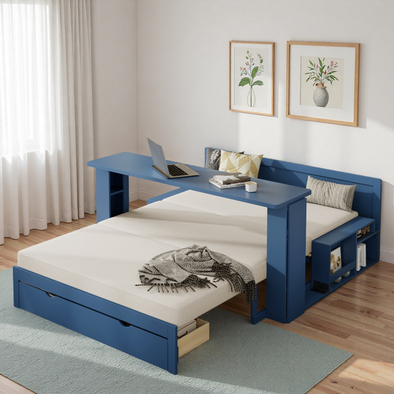 Lit de jour multifonctionnel avec tiroir de rangement, compartiments ouverts et table d'appoint hydraulique, Bleu