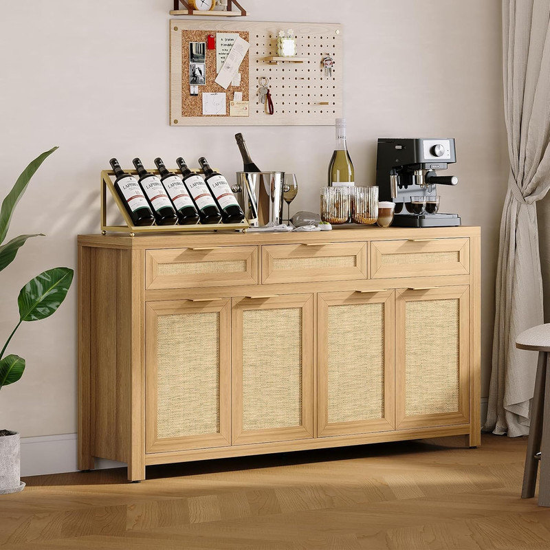 63" Farmhouse Buffet Sideboard with Rattan Accents, 3 Drawers & 4 Doors, Adjustable Shelves Storage Credenza for Dining Room, Kitchen, Entryway