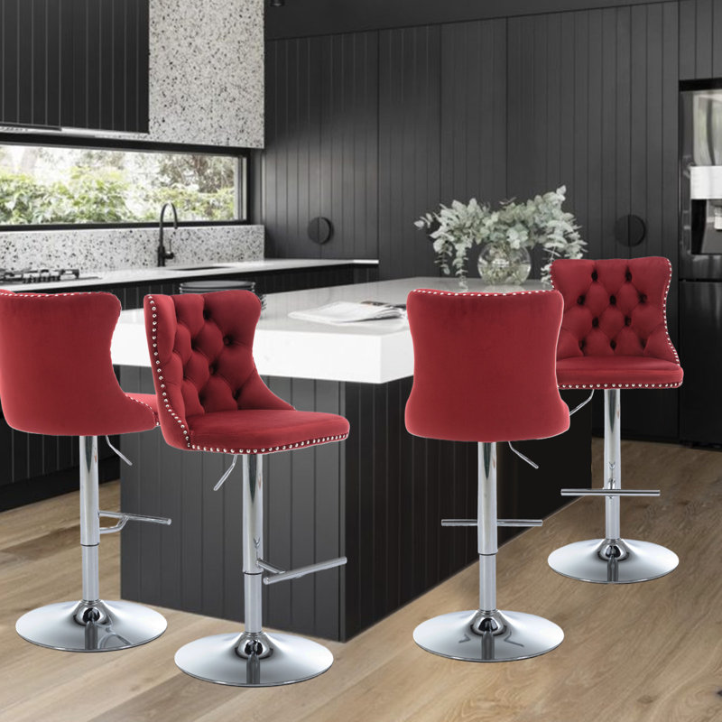 360°Swivel Bar Stools with Sliver Base, Wine Red