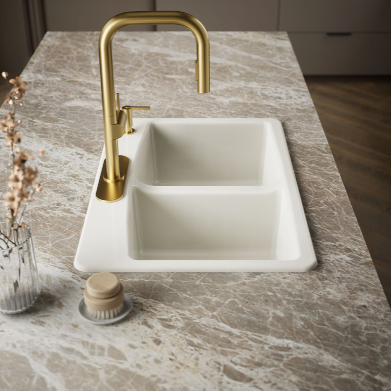 33" L x 22" W x 9-5/8" Top-Mount Double-Equal Kitchen Sink, Almond, 3 Hole