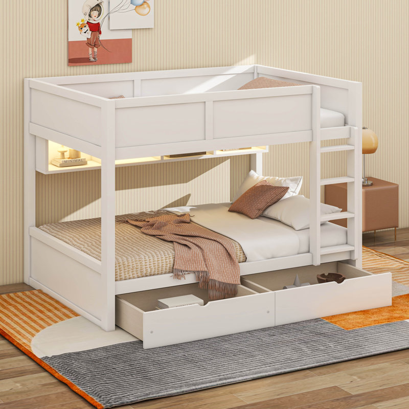 Lit double superposé au dessus d'un lit double avec 2 tiroirs, lit superposé en bois avec armoires de rangement et lumières DEL