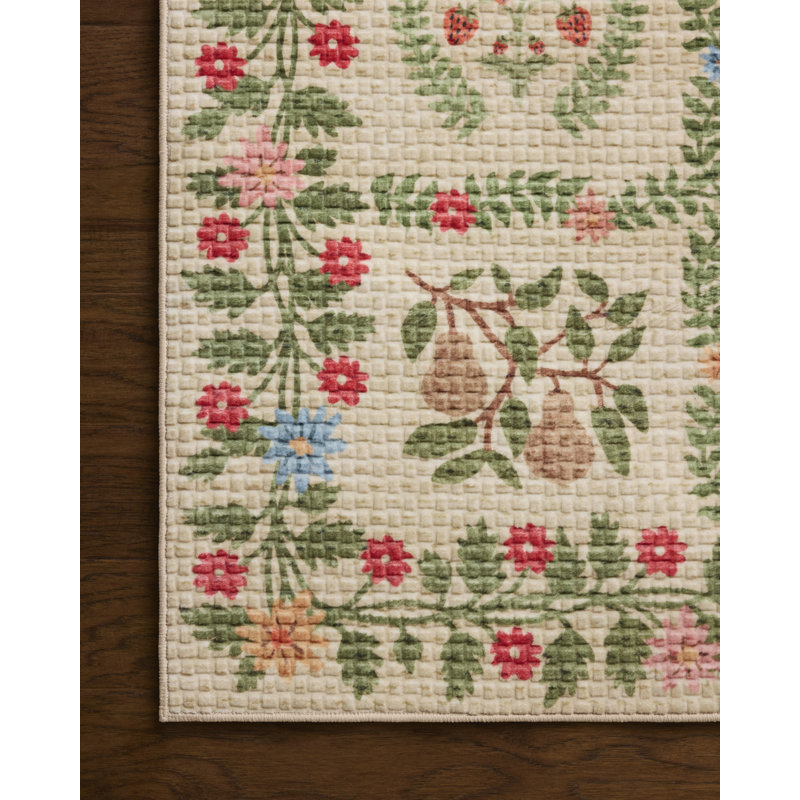 Rifle Paper Company x Loloi Orchard Beige / Multi Machine Washable Area Rug, Runner 2'6" x 11'6", Beige/Multicolor