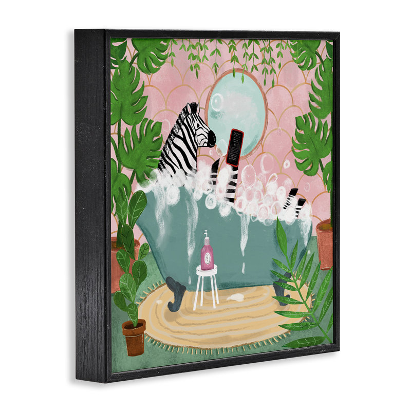 «Zebra Fun Bath Time», estampe numérique par Farida Zaman, Giclée encadrée noir minuit, H 12 po x l 12 po