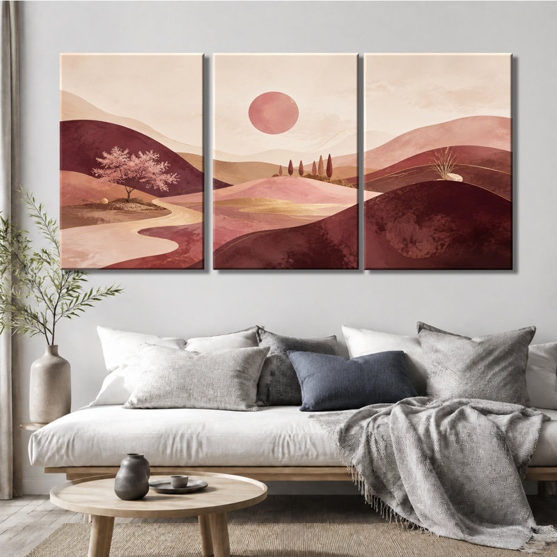 3 panneaux muraux boho doré montagne coucher de soleil sur toile tendue, 20 * 30 pouces * 3