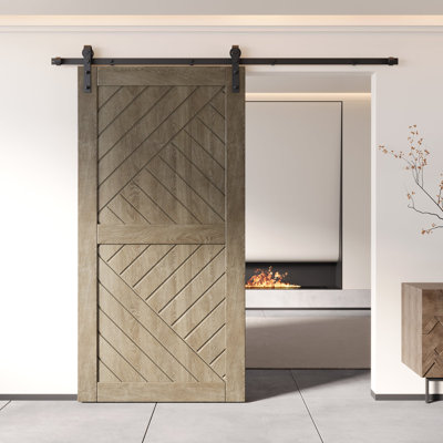Homacer 80" Geometric Design Classic Gray Finished & Unassembled Pine Wood Barn Door (Interior Use Only)