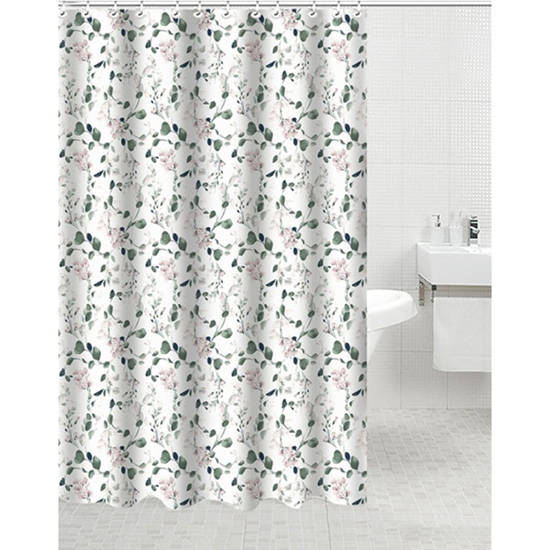 Rideau de douche en poly + crochets en métal - Floral, Blanc / blanc / rose floral 2